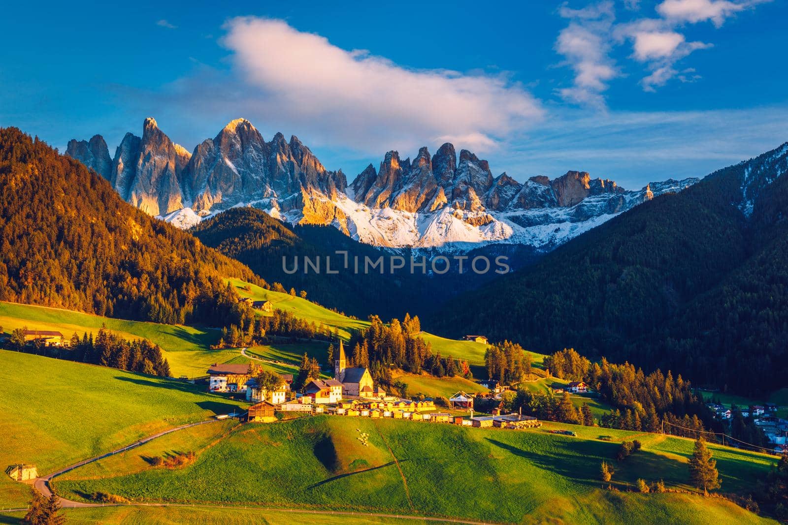 Santa Maddalena (Santa Magdalena) village with magical Dolomites mountains in autumn, Val di Funes valley, Trentino Alto Adige region, South Tyrol, Italy, Europe. Santa Maddalena Village, Italy. 