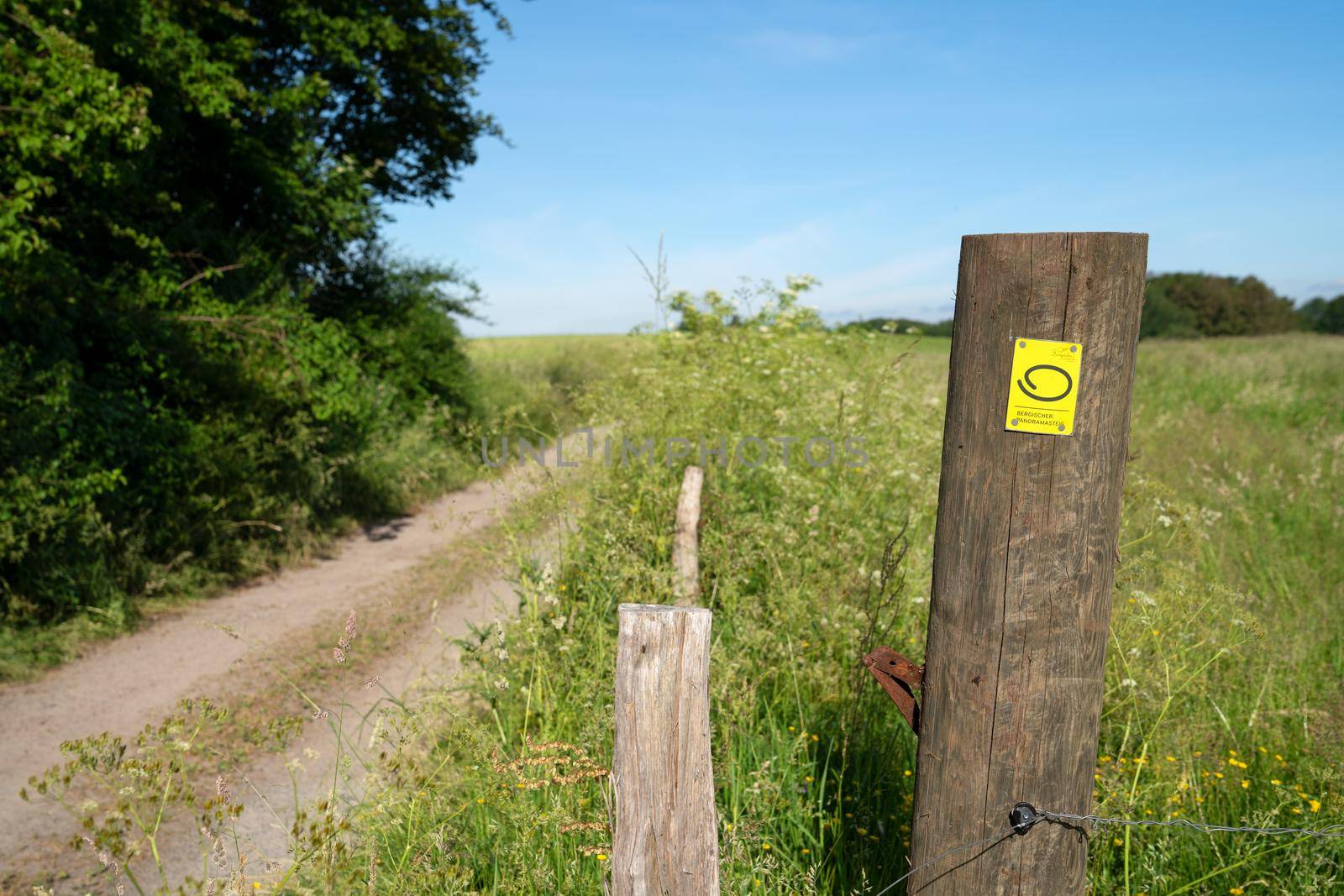 WIPPERFURTH, GERMANY - JUNE 19, 2021: Long distance hiking trail Bergischer Panoramasteig with focus on the typical waymark on June 19, 2021 in Germany
