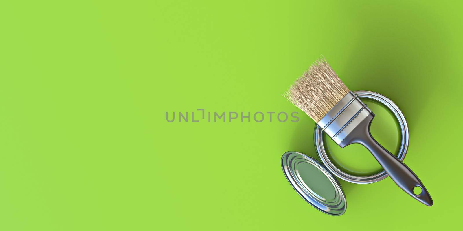 Paintbrush on top of paint bucket with green paint 3D rendering illustration isolated on green background