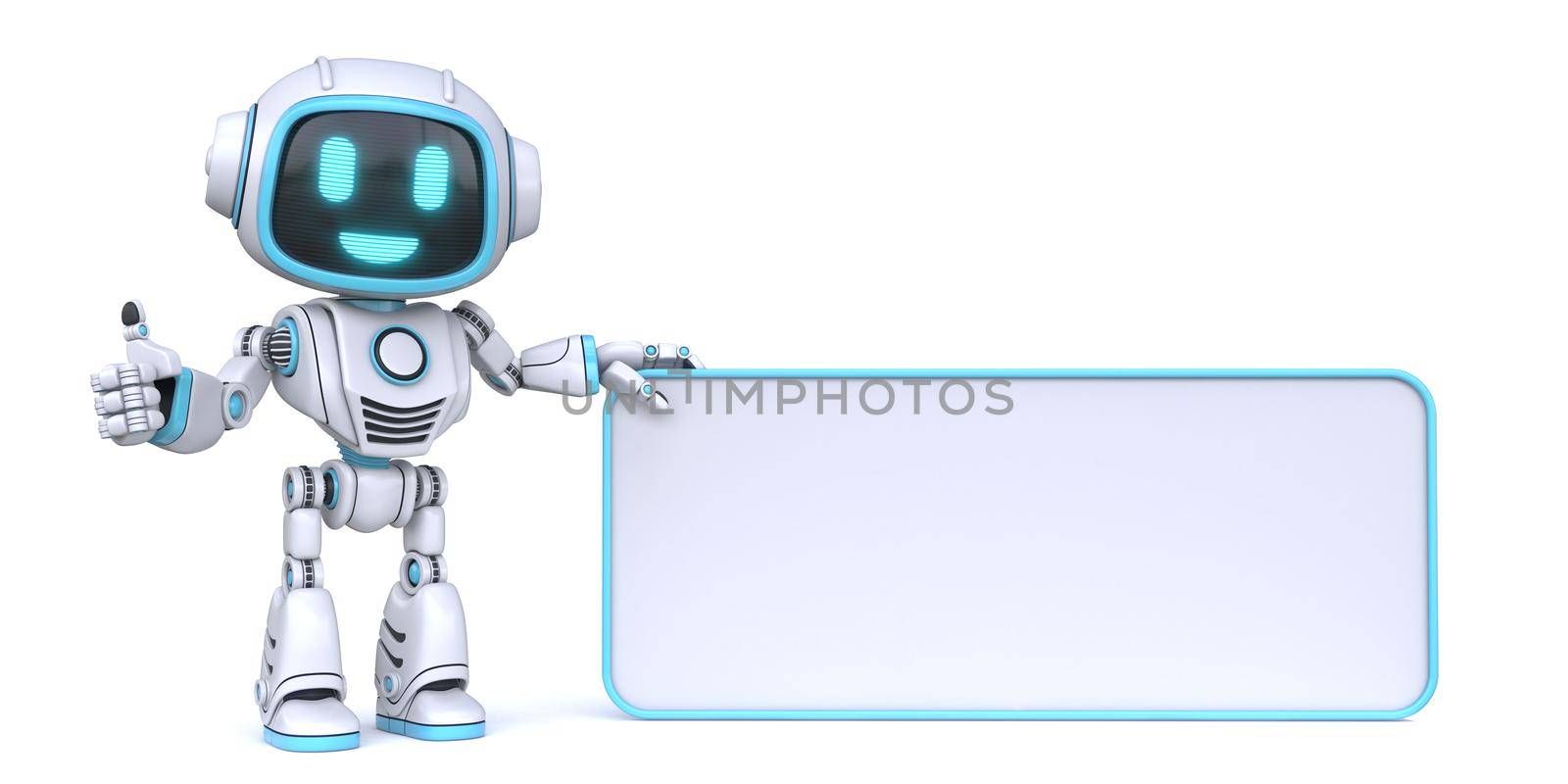 Cute blue robot holding blank rectangle board 3D by djmilic