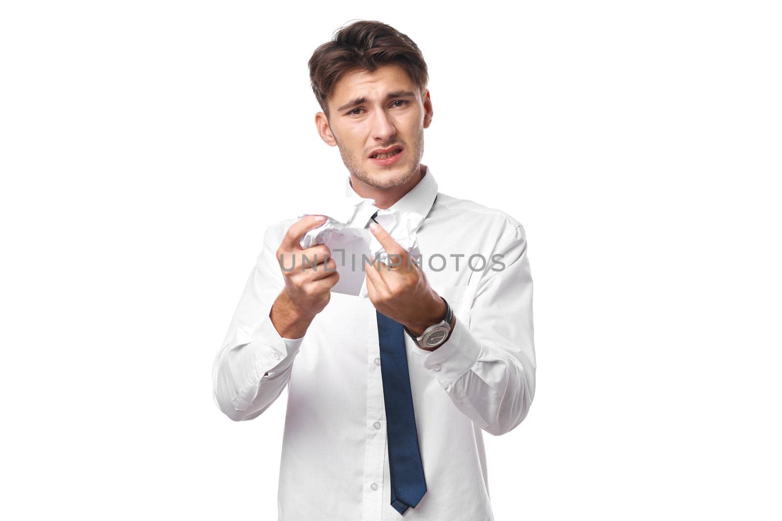 businessmen documents work is dissatisfaction emotions light background. High quality photo