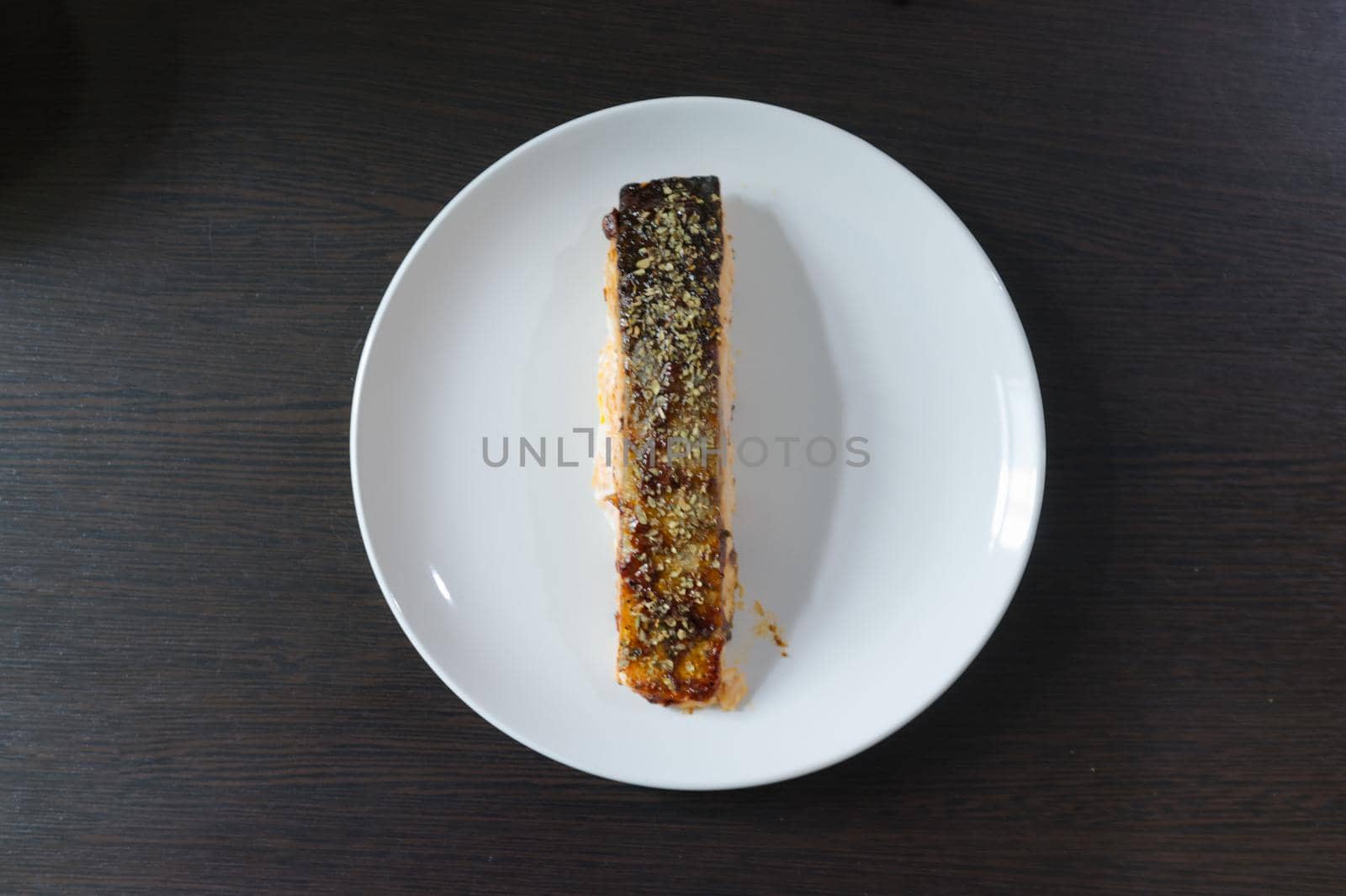 Salmon Steak with Grilled  on white dish