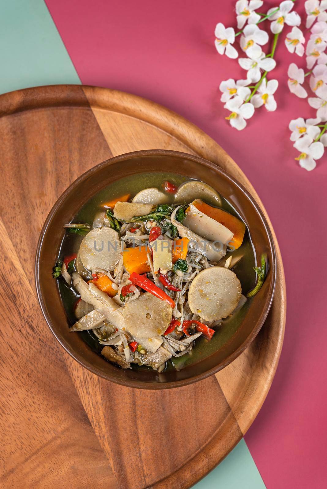 Spicy bamboo shoot soup with pork and vegetables, Northeastern of Thai style food