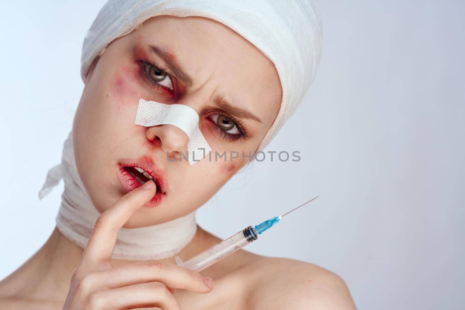 portrait of a woman plastic surgery operation bare shoulders isolated background by Vichizh