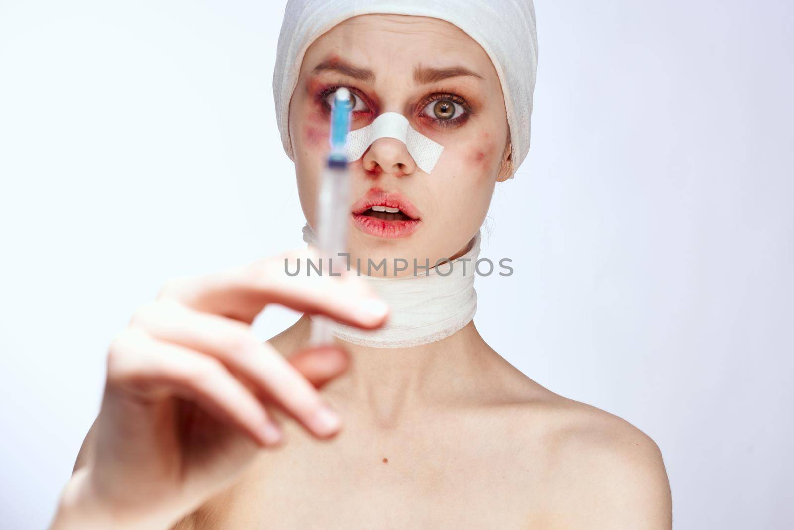 a person bruised face medicine treatment injury isolated background. High quality photo