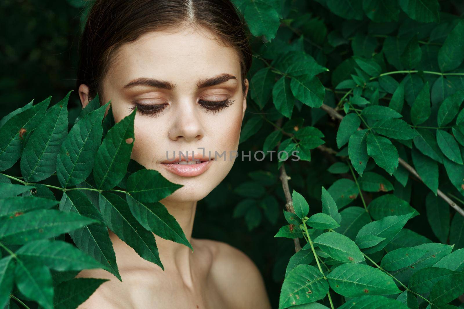 attractive woman makeup spa nature fresh air close-up. High quality photo