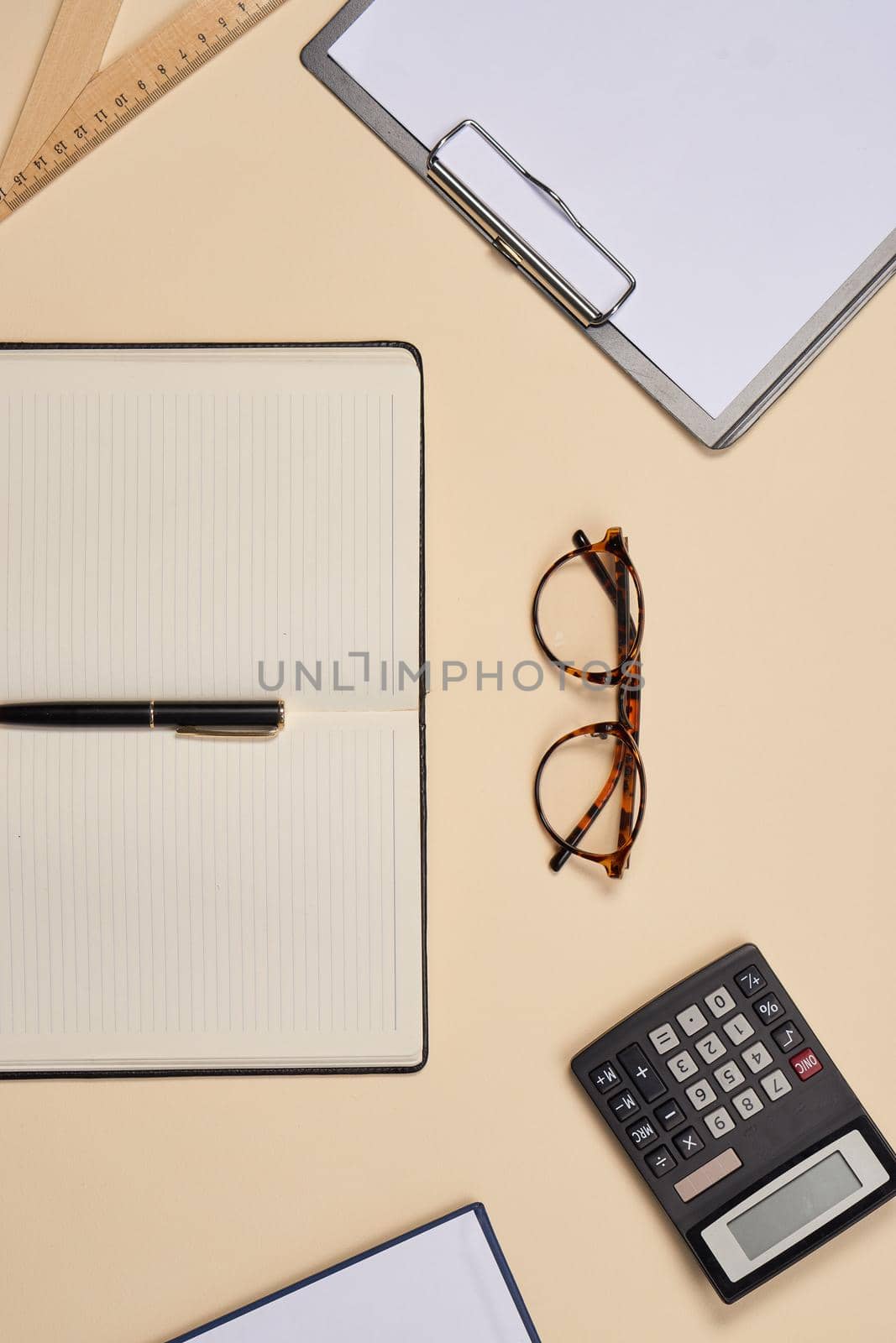 documents office supplies calculator accessories office top view. High quality photo