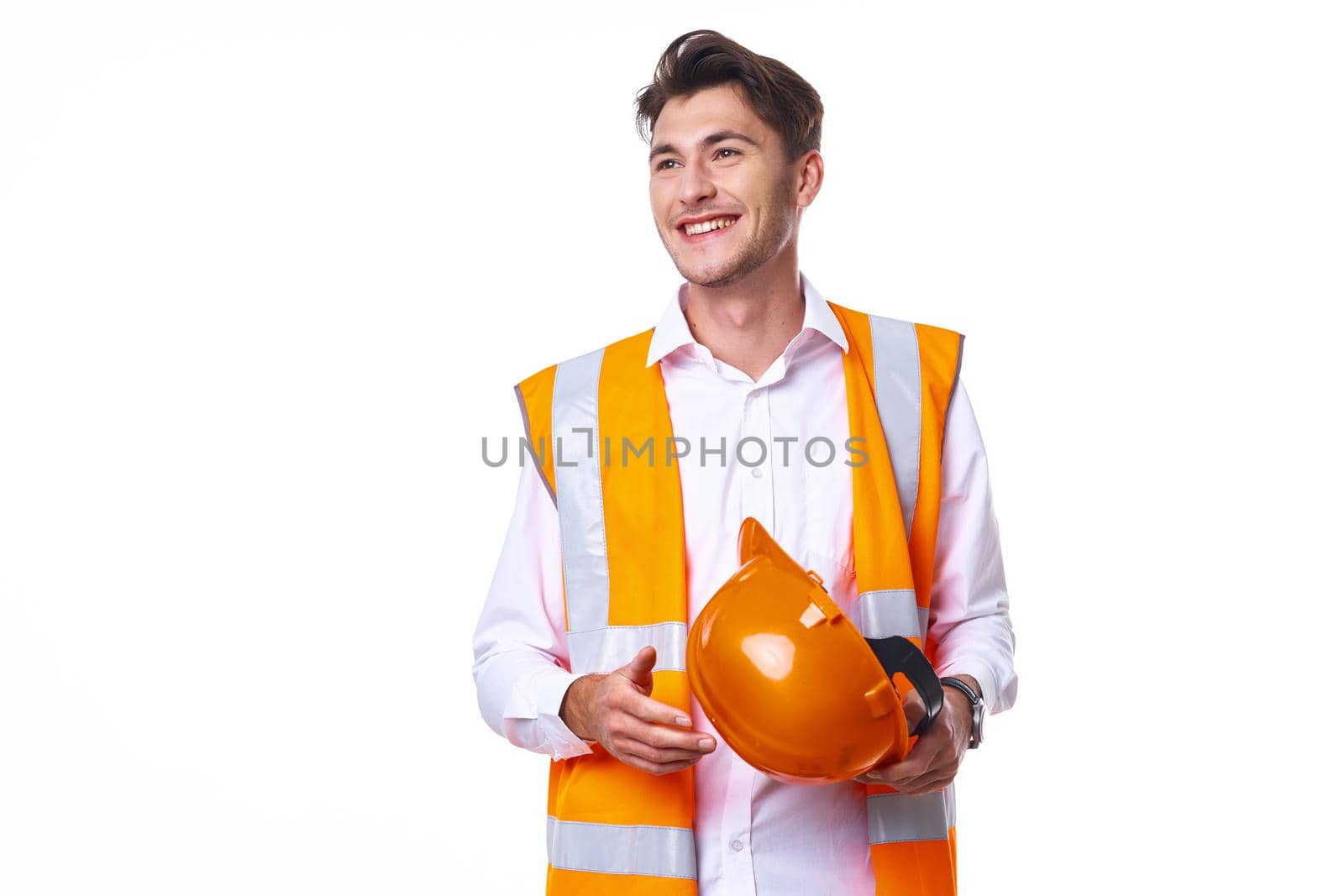 emotional worker in orange uniform Professional light background by Vichizh