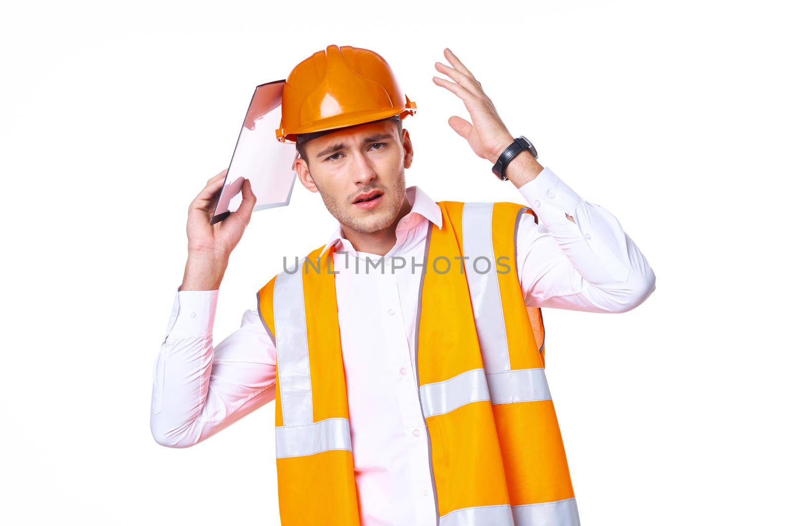 working man in orange uniform posing construction by Vichizh