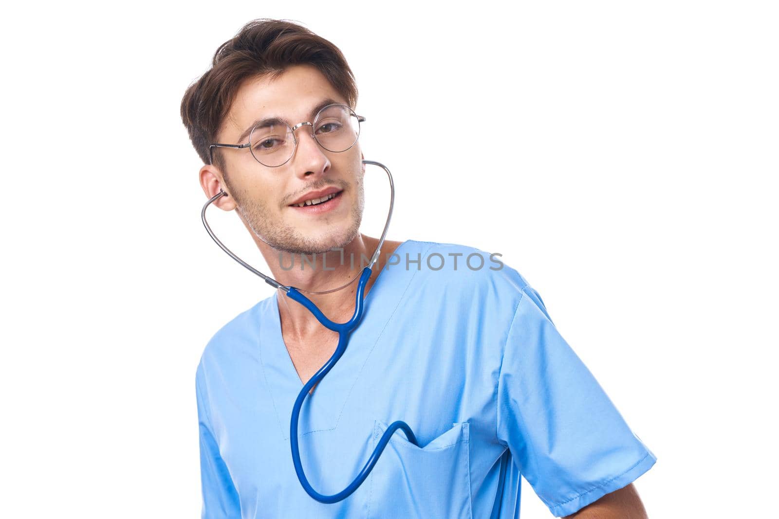 male doctor patient treatment hospital medicine light background. High quality photo