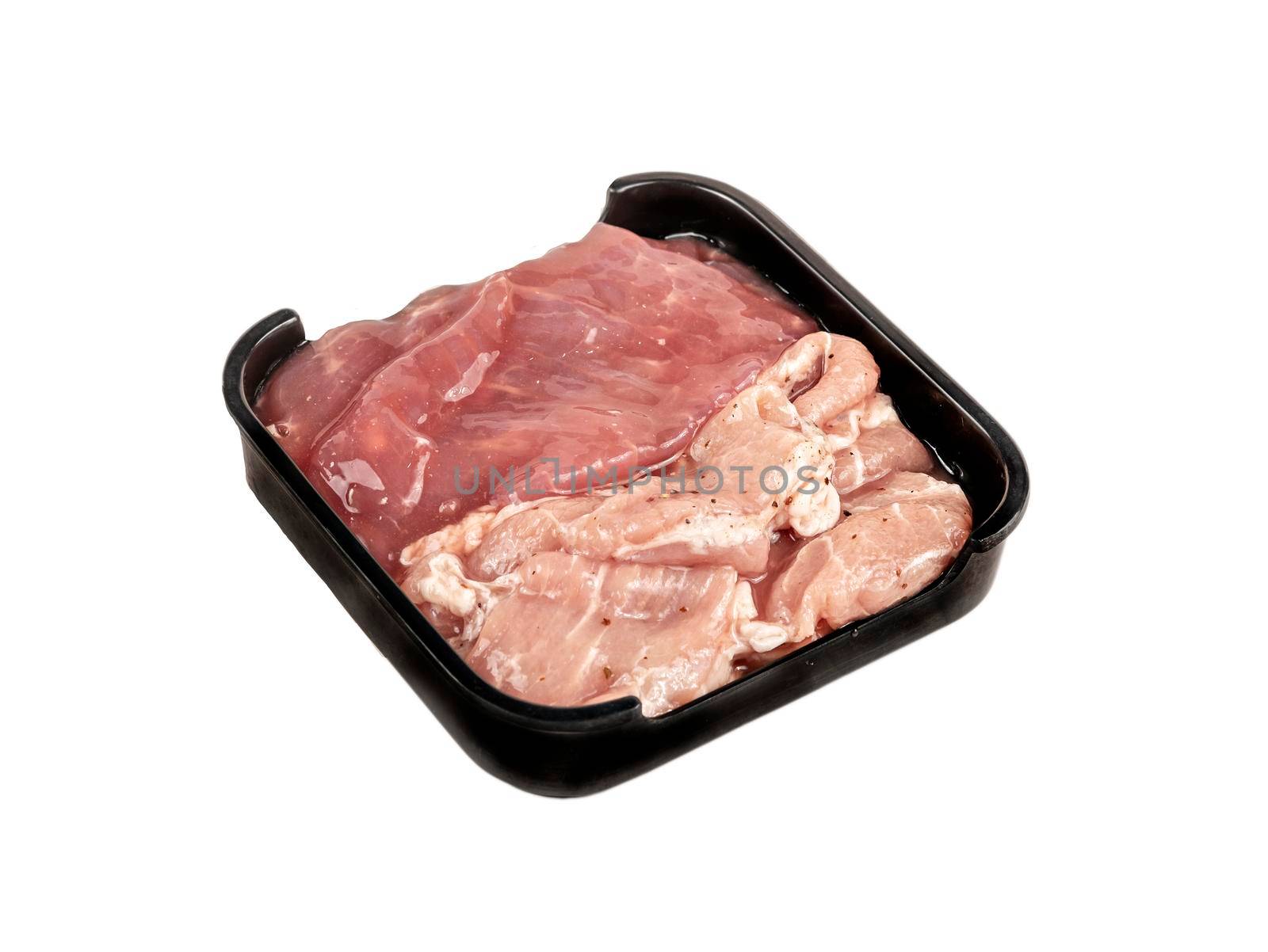 raw pork on plate over white background