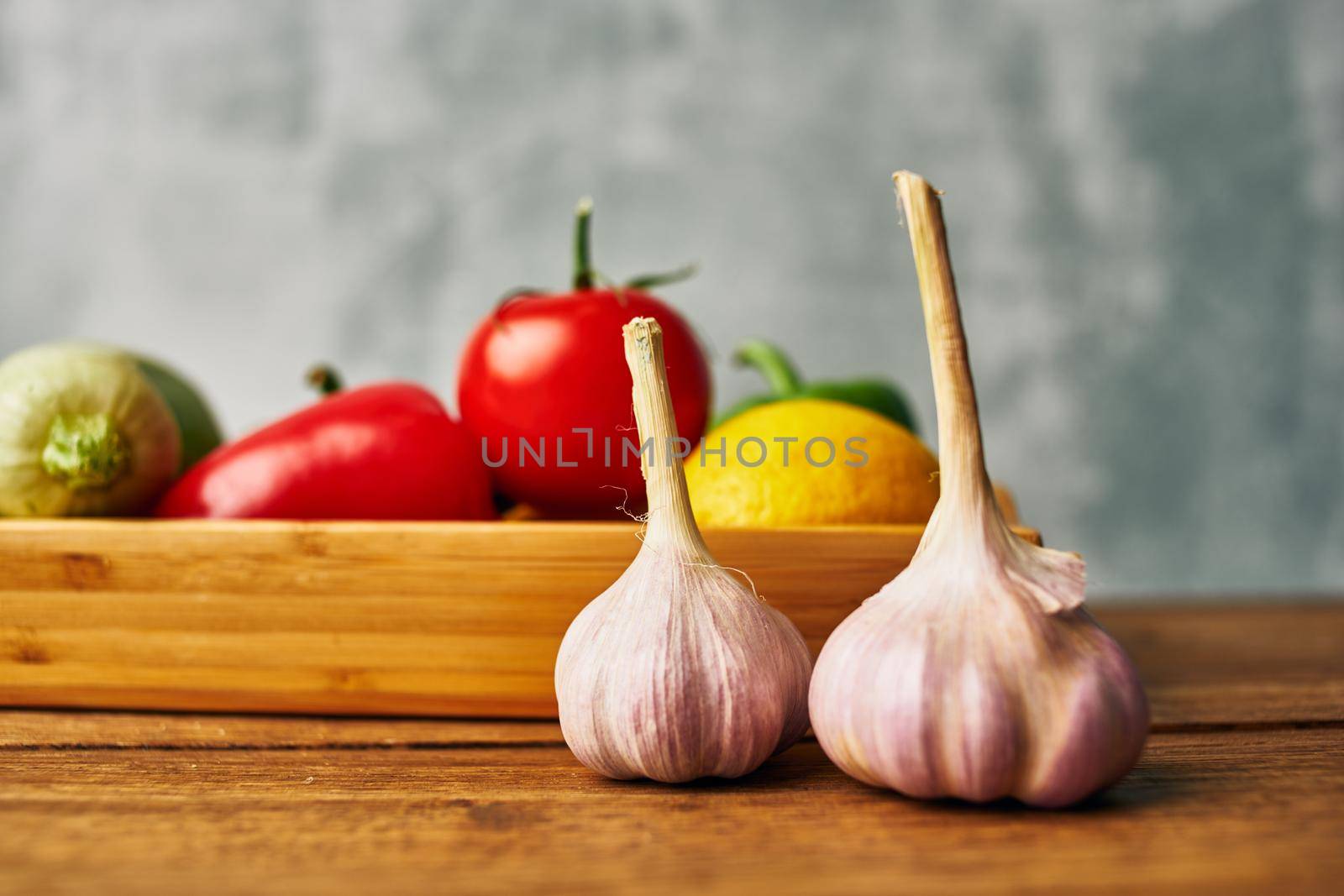 Ingredients vitamins organic food kitchen farm products wood background by Vichizh