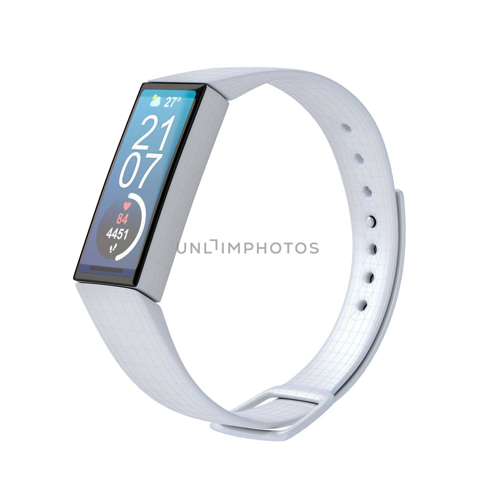 3D model of fitness tracker with visible wire-frame, isolated on white background