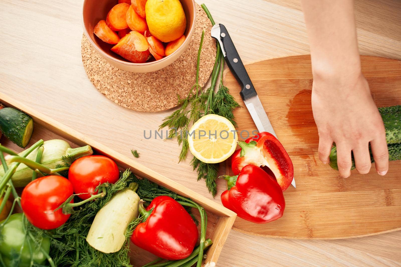 Ingredients slicing salad in the kitchen vitamins view from above by Vichizh