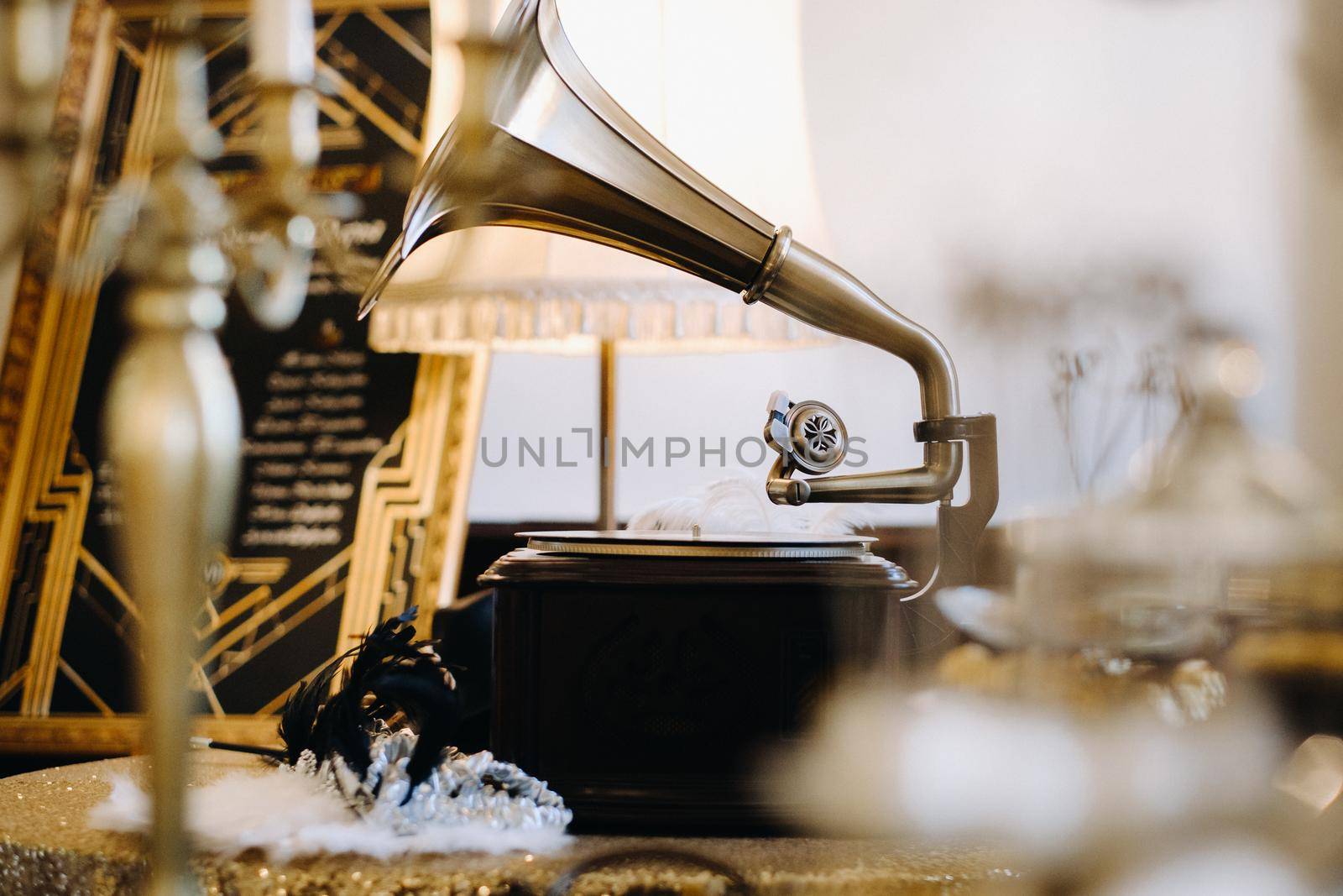 An old retro gramophone is playing a record.