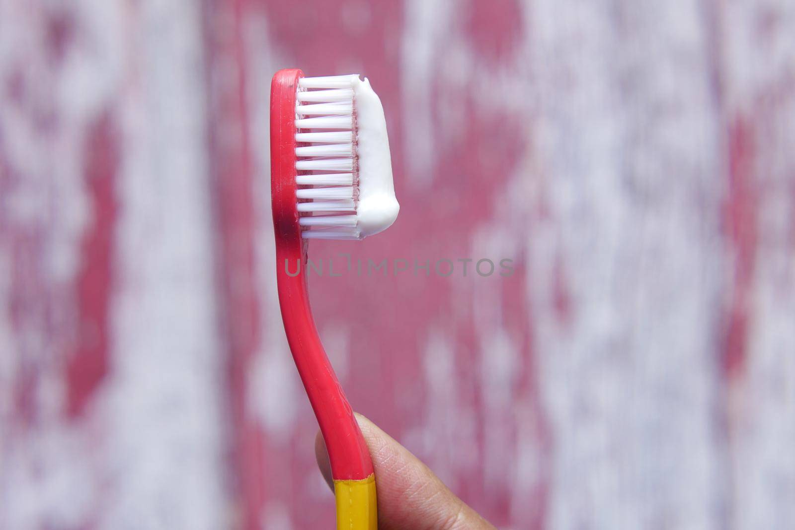 hand holding tooth brush with copy space