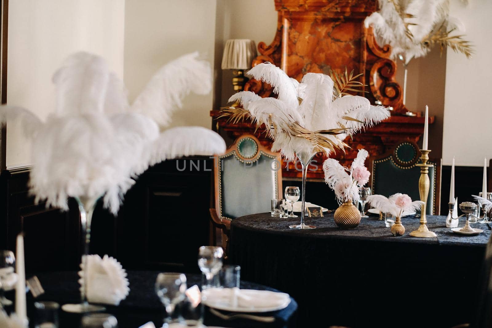 decorated festive table for a wedding evening in an old castle.