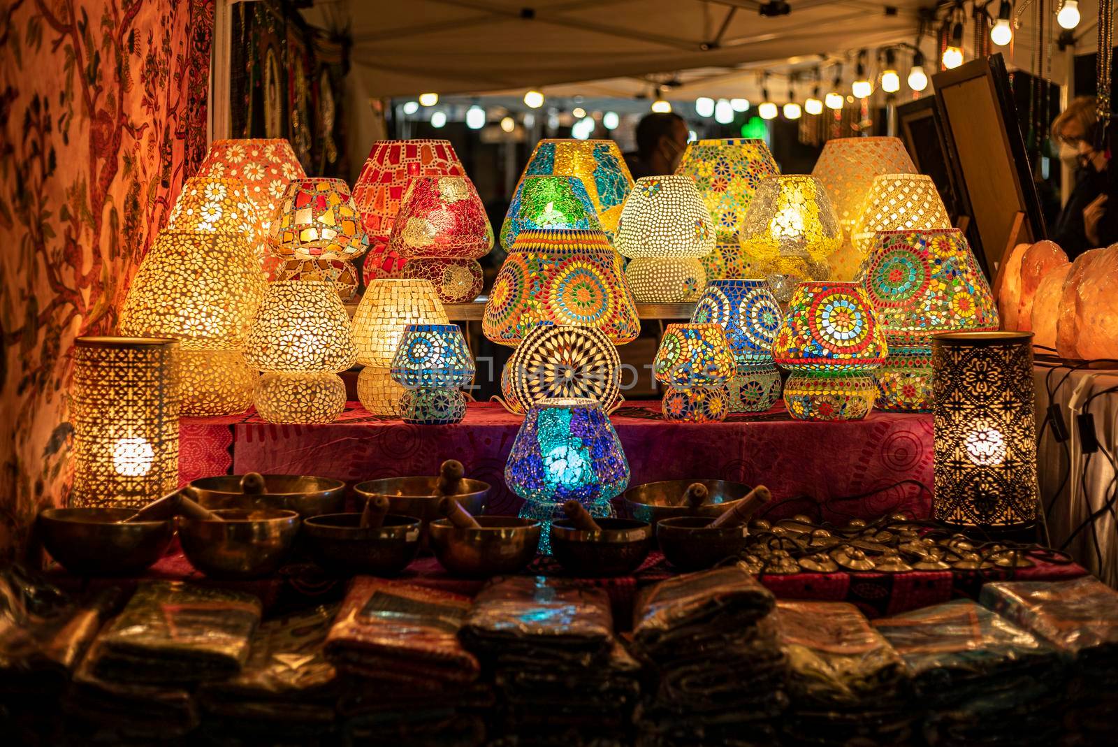 Arabic exhibition lamps detail in a market in the dark