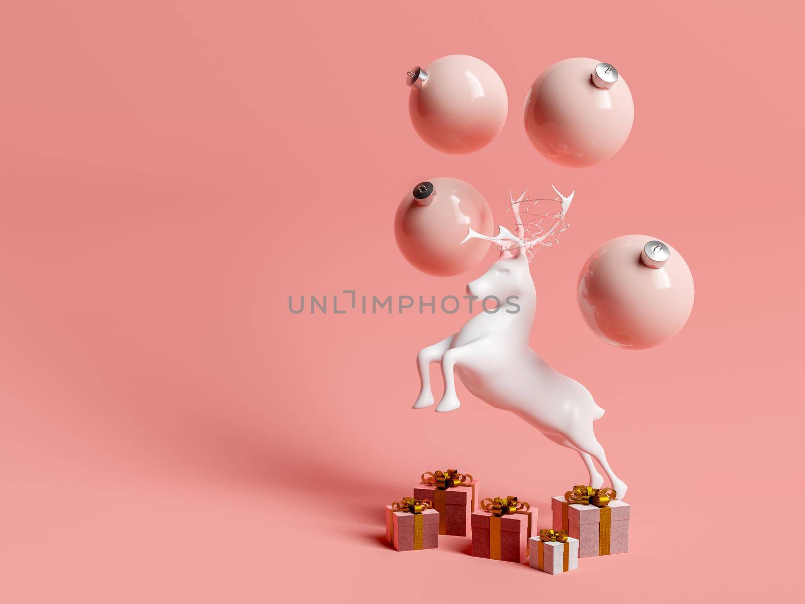 reindeer figurine with christmas lights on the antlers, presents on the floor and christmas balls around. 3d rendering