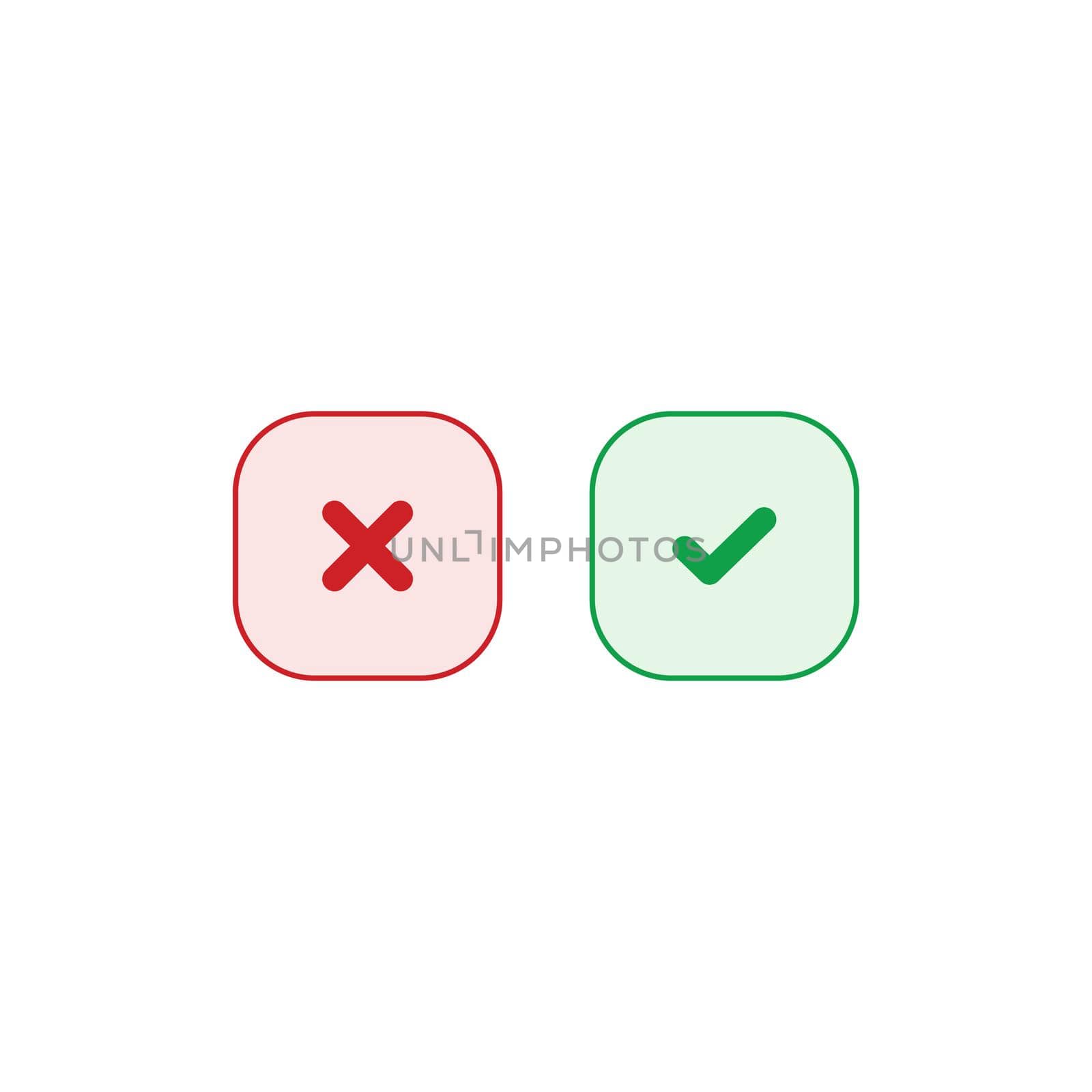 Tick and cross signs. Green checkmark OK and red X icons vector. Square symbols YES and NO button for vote, decision, web, logo, app, UI. illustration.