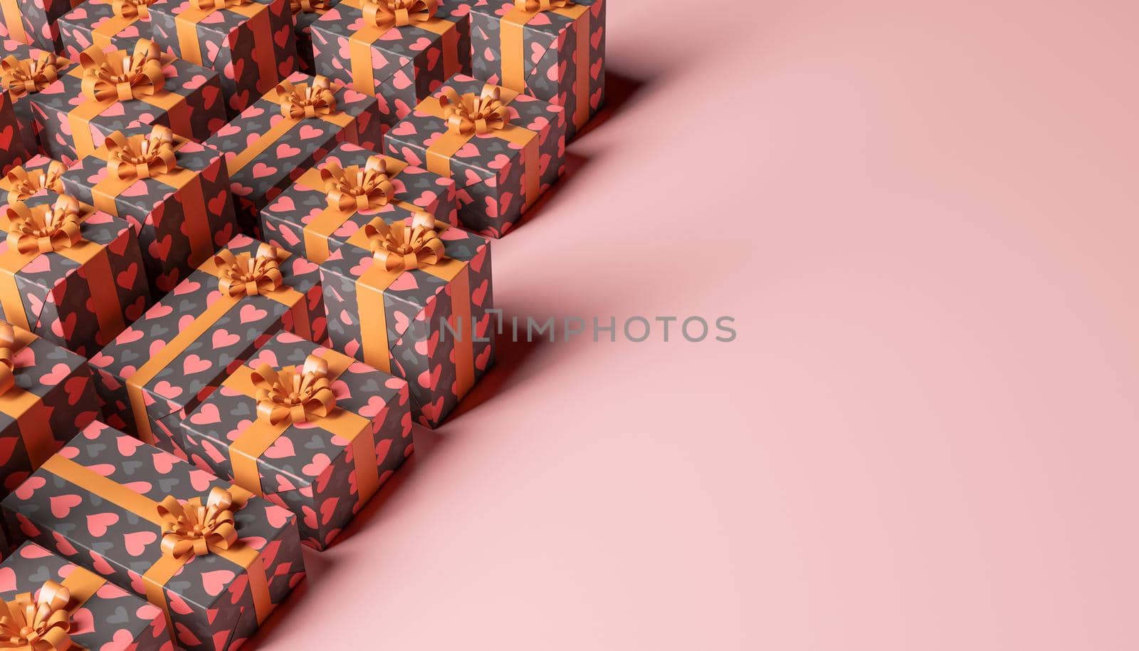 background with many gift boxes with hearts pattern and space for text. 3d rendering