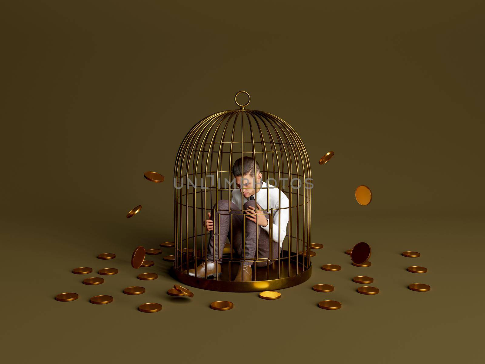 person inside a golden cage with coins falling around. concept of frustration, economy, failure and business. 3d rendering
