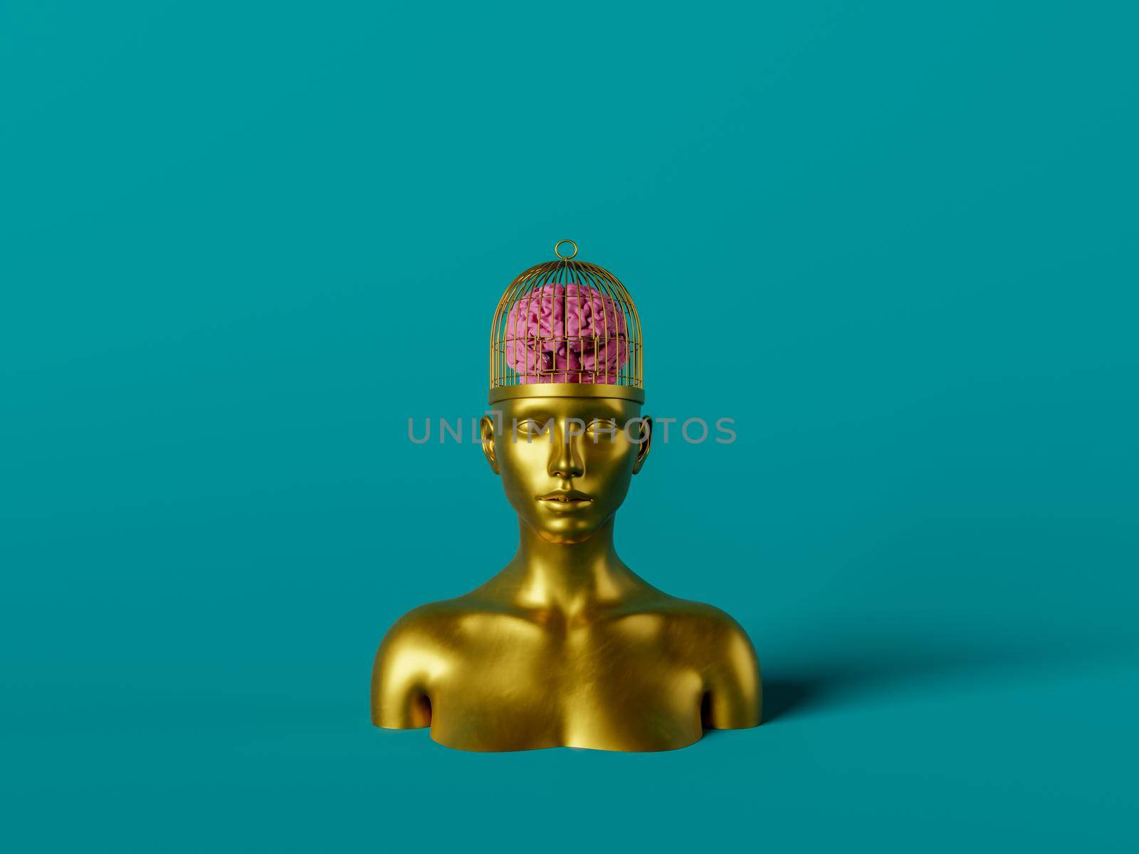 gold female bust with cage head and a brain inside. concept of intelligence. 3d rendering
