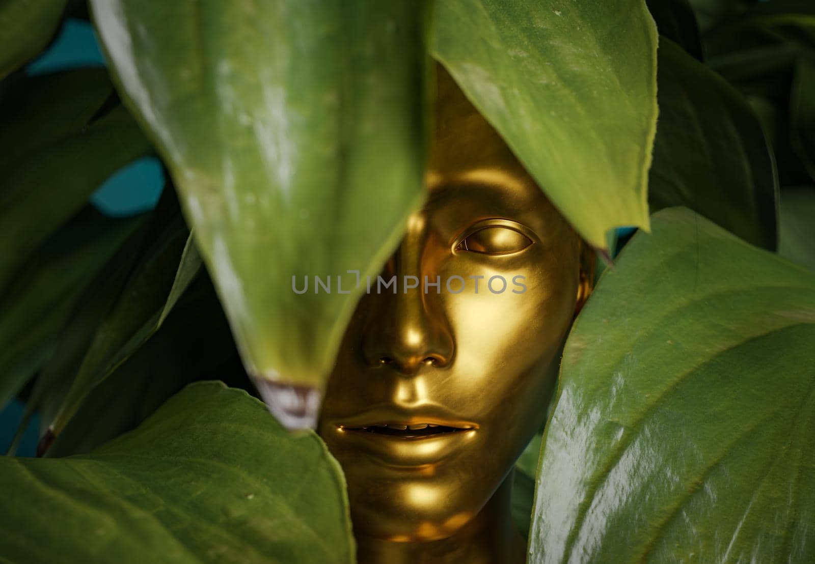 portrait of a golden female statue with leaves around. concept art. 3d rendering