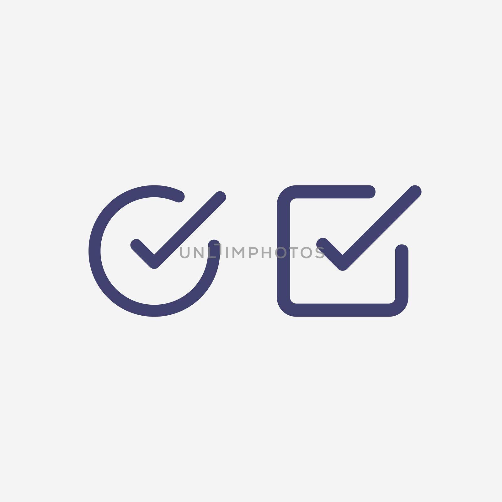 Check list button icon. Check mark in square and round box. Correct symbol. Stock Vector illustration isolated on white background. by Kyrylov