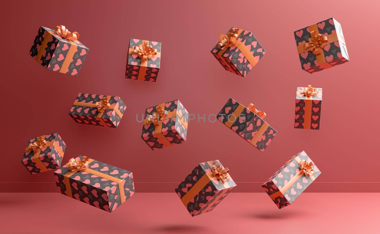 gift boxes of different sizes with patterns of hearts floating in the air. holiday concept. 3d rendering