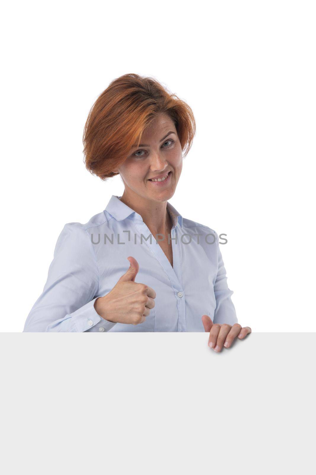 Business woman holding blank sign by ALotOfPeople