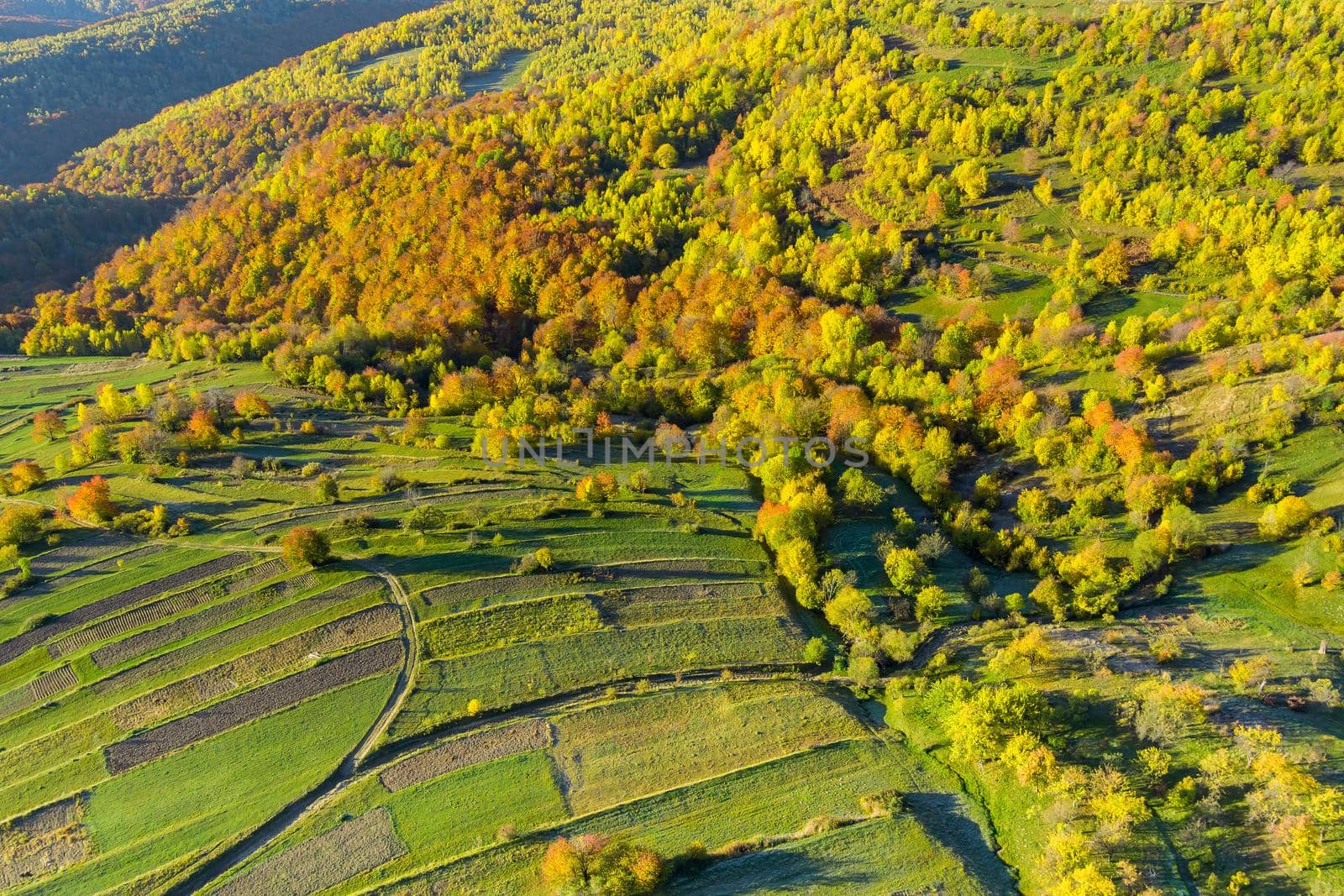 Aerial view the beautiful nature, warm autumn morning a fascinating mountain
