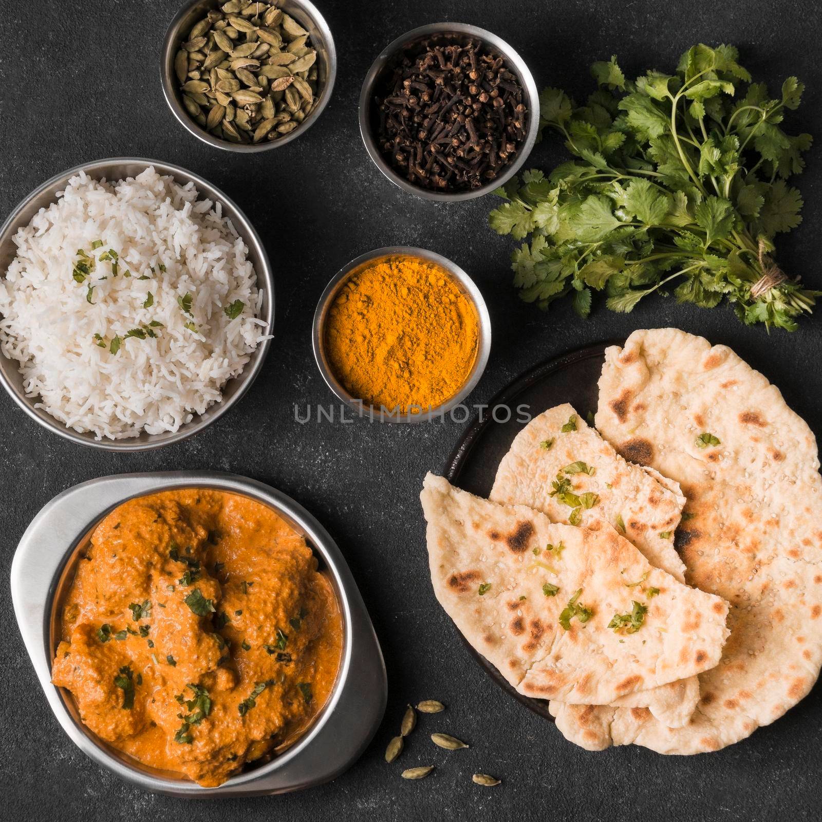 flat lay indian food arrangement. High resolution photo