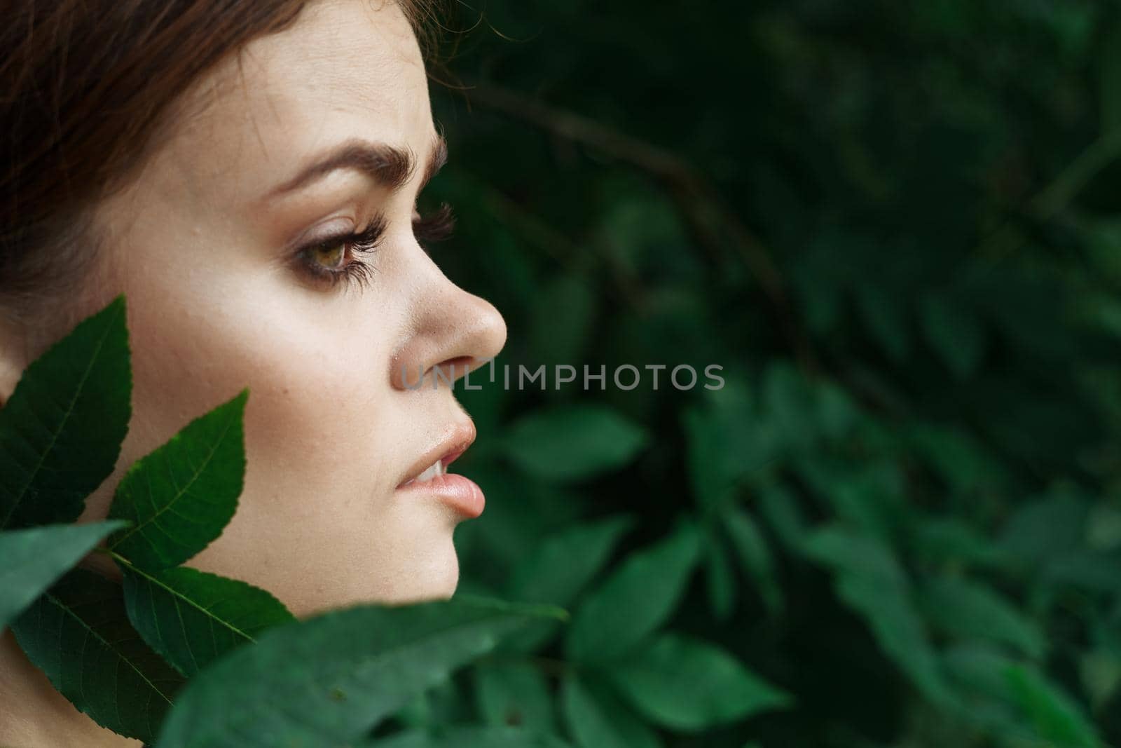 attractive woman Cosmetology nature green leaves glamor close-up. High quality photo