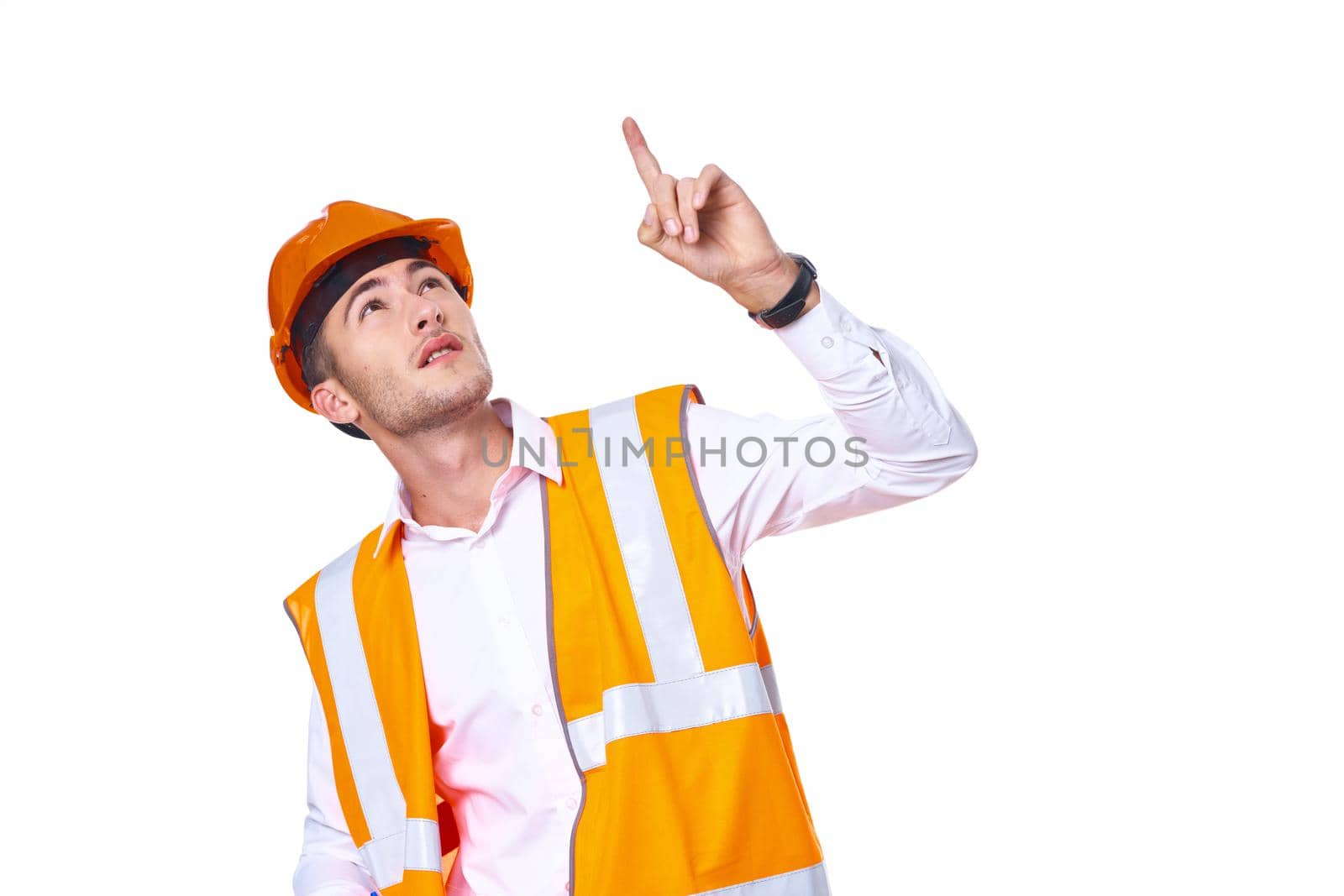 man in orange hard hat engineer work professionals construction. High quality photo