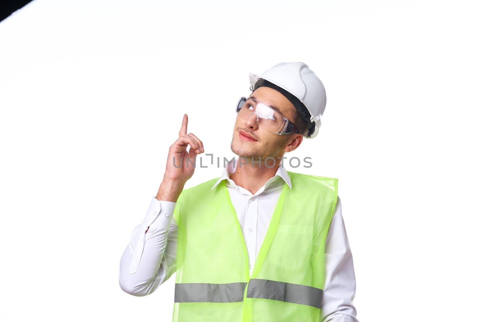 engineer in working uniform protective clothing documents construction. High quality photo