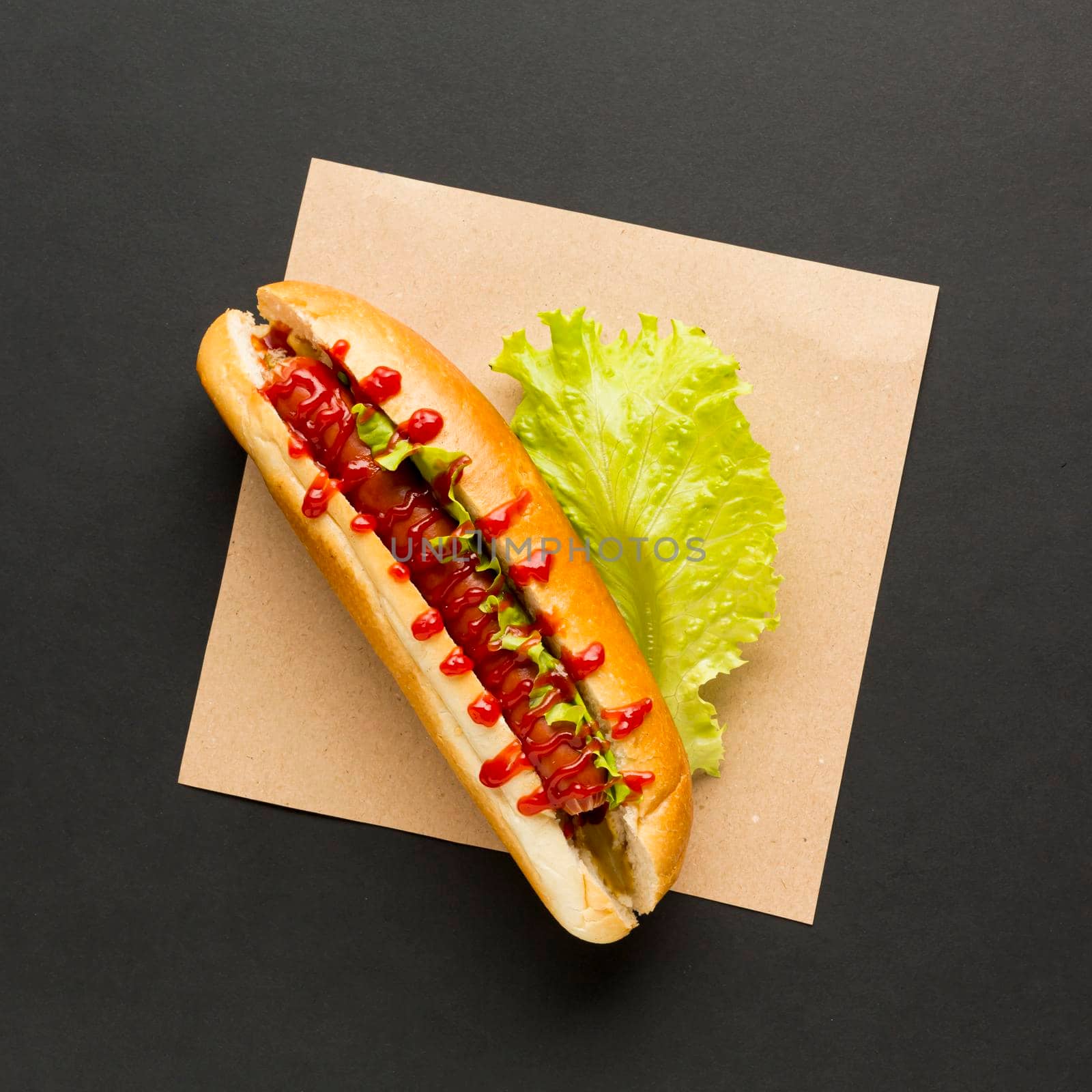 hot dog with lettuce top view. High quality photo by Zahard