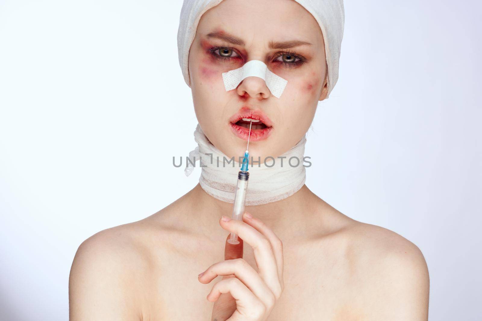 woman plastic surgery operation bare shoulders isolated background. High quality photo