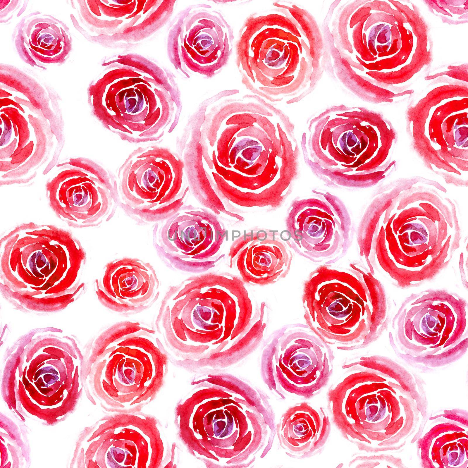 Seamless pattern of watercolor pink and red roses of different sizes on a white background by LanaLeta