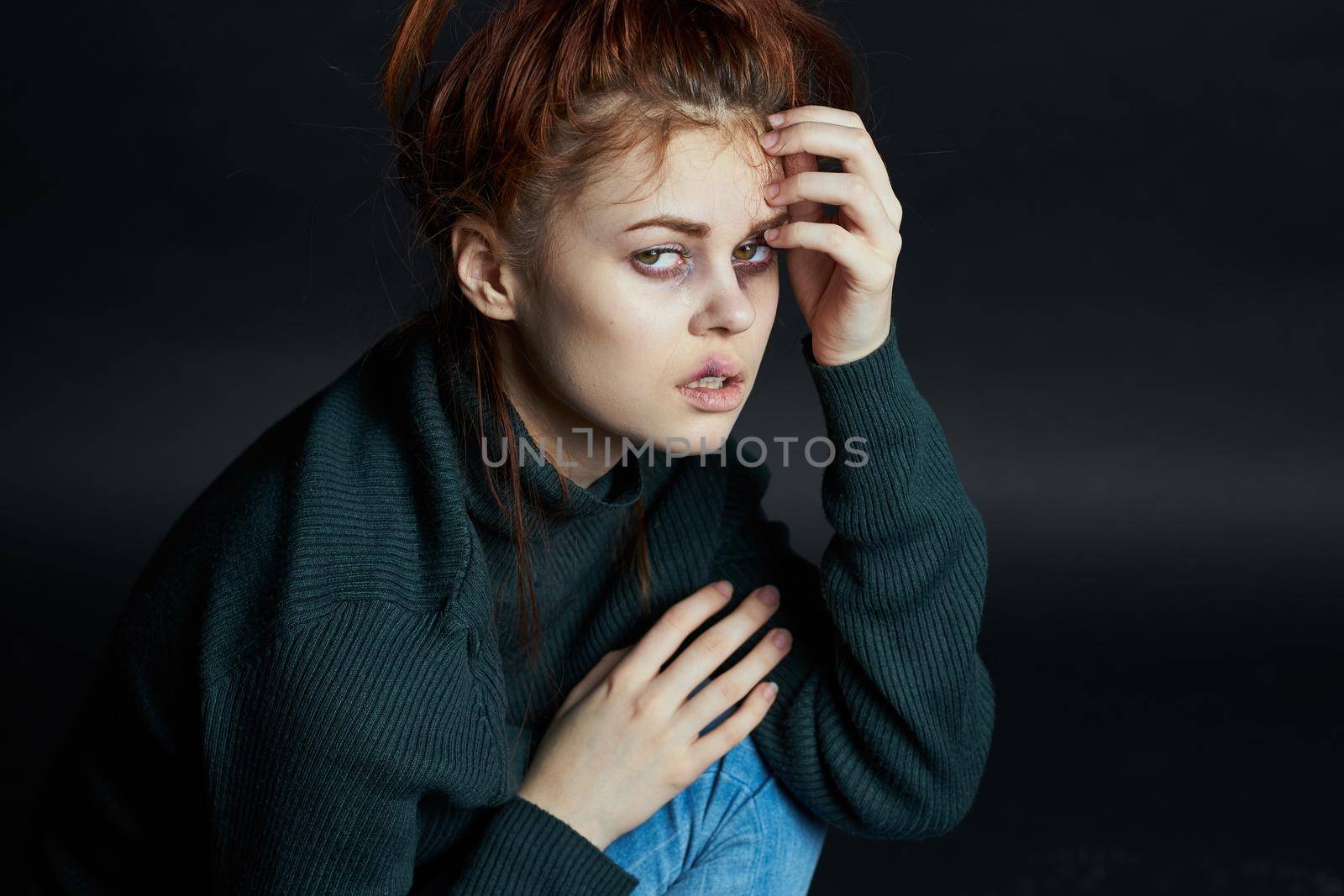 sad woman dissatisfaction beating bruises depression. High quality photo