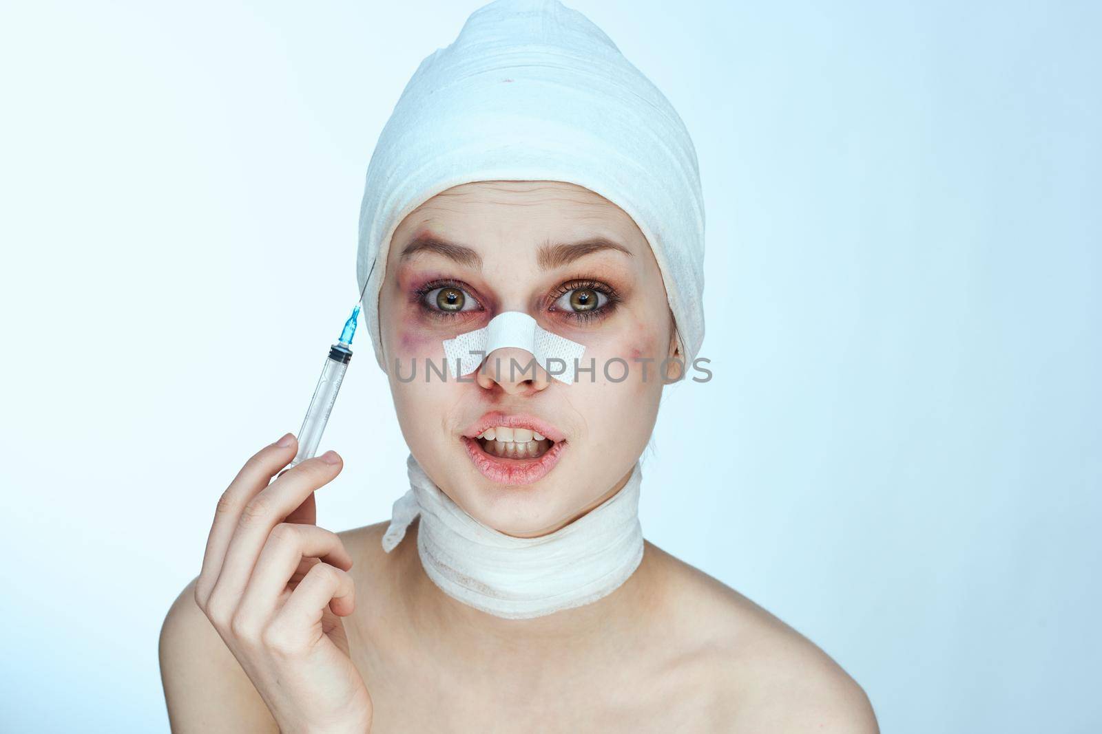 woman bruised face medicine treatment injury isolated background. High quality photo