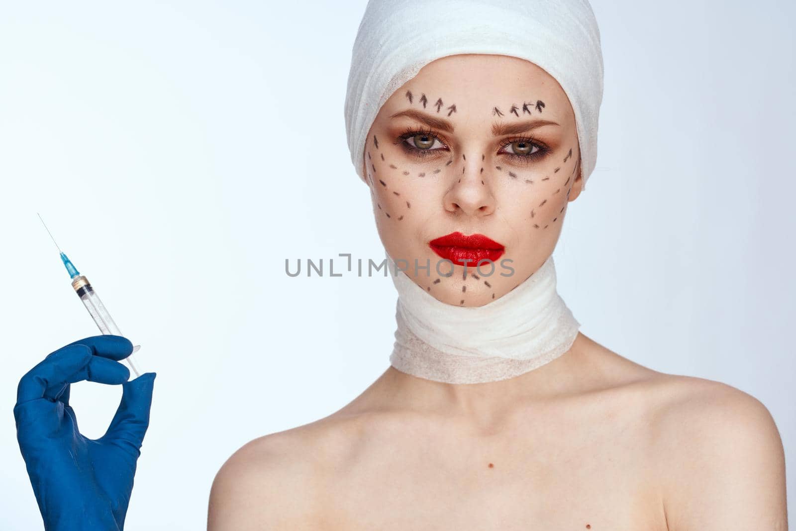 portrait of a woman Red lips plastic surgery operation bare shoulders studio lifestyle. High quality photo