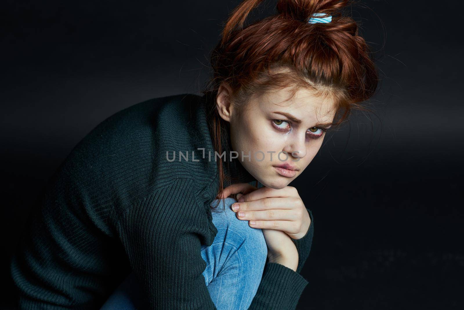 sad woman dissatisfaction beating bruises depression. High quality photo