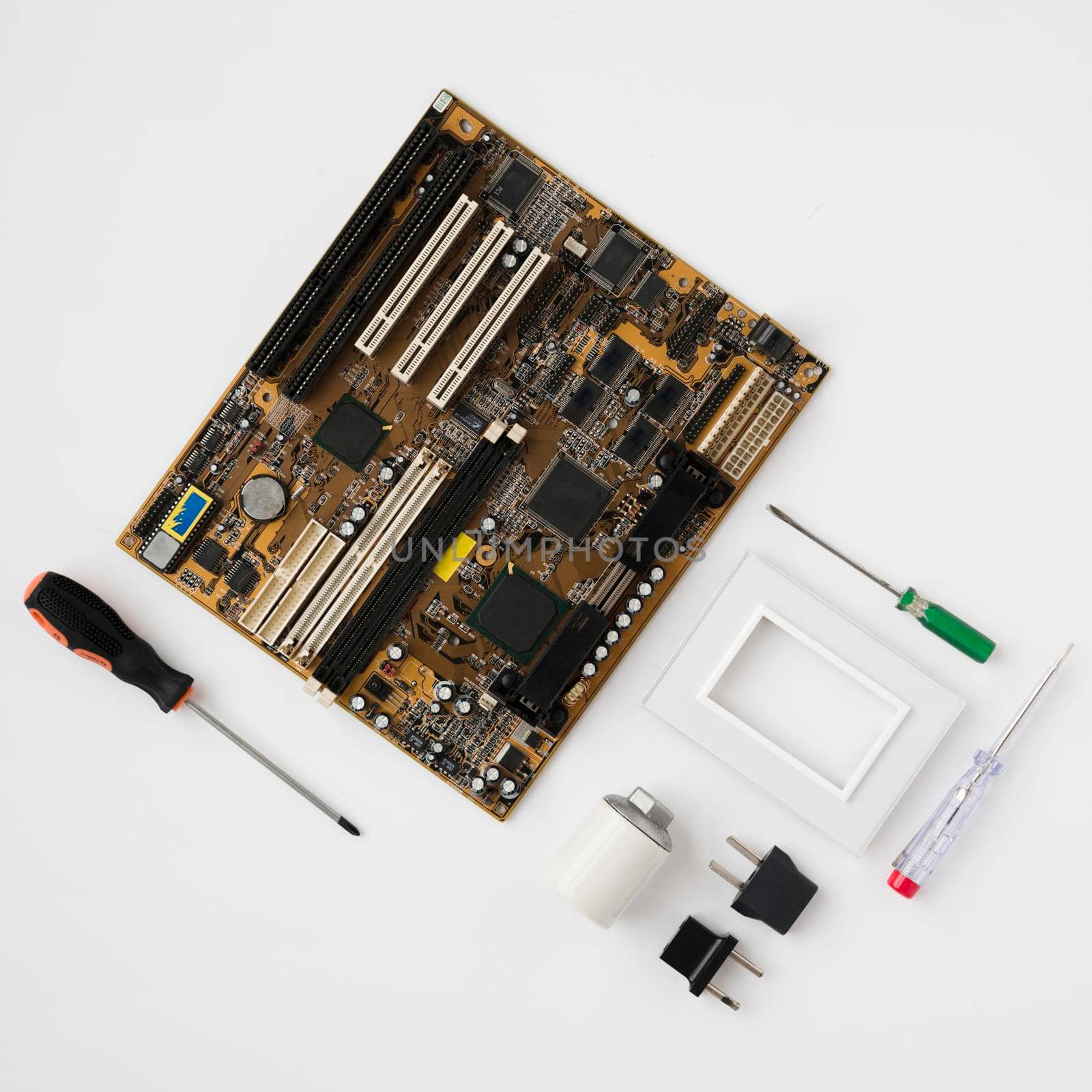 top view circuit board electrical equipment white surface. High quality photo by Zahard
