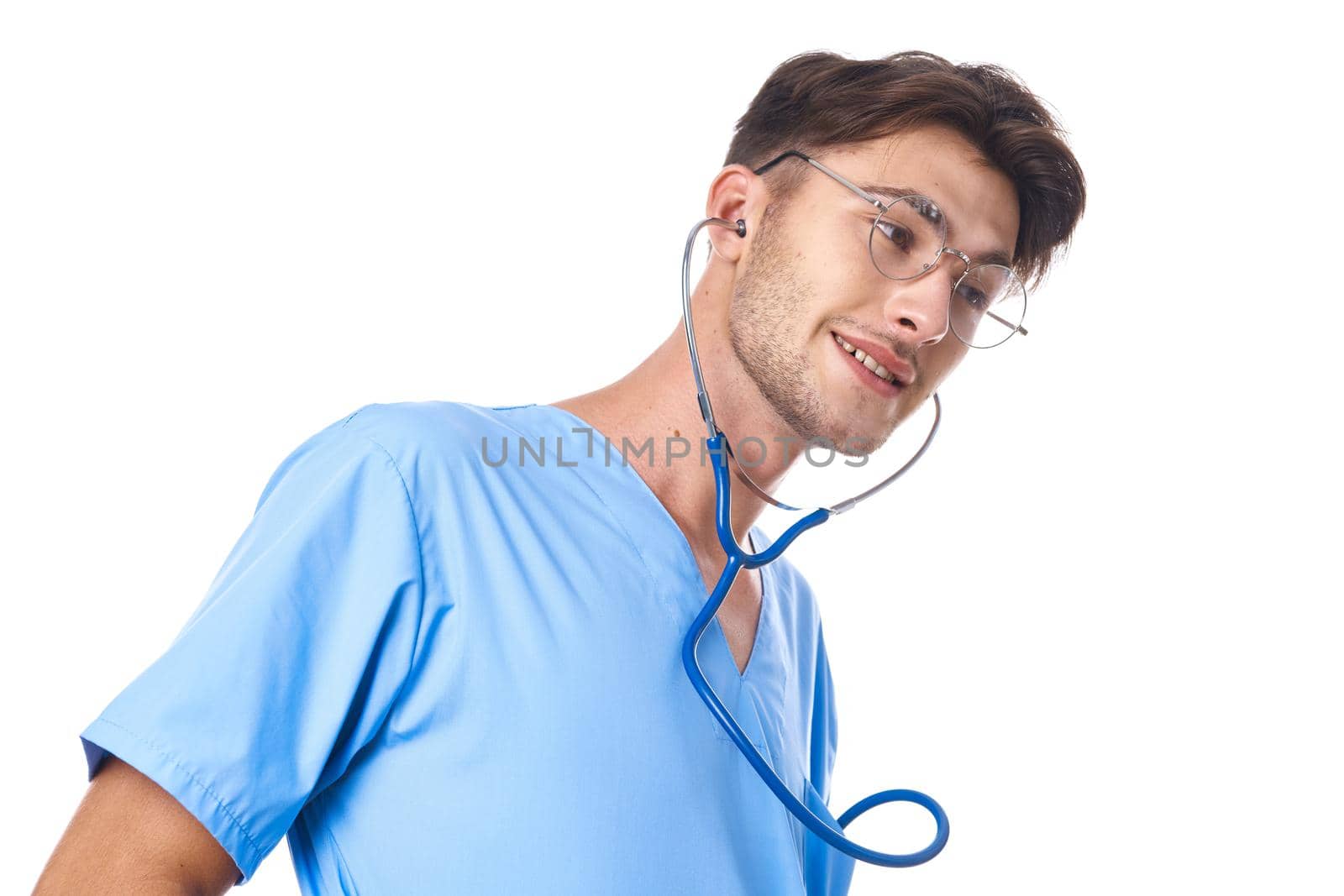 man in medical uniform wearing glasses stethoscope posing isolated background by Vichizh