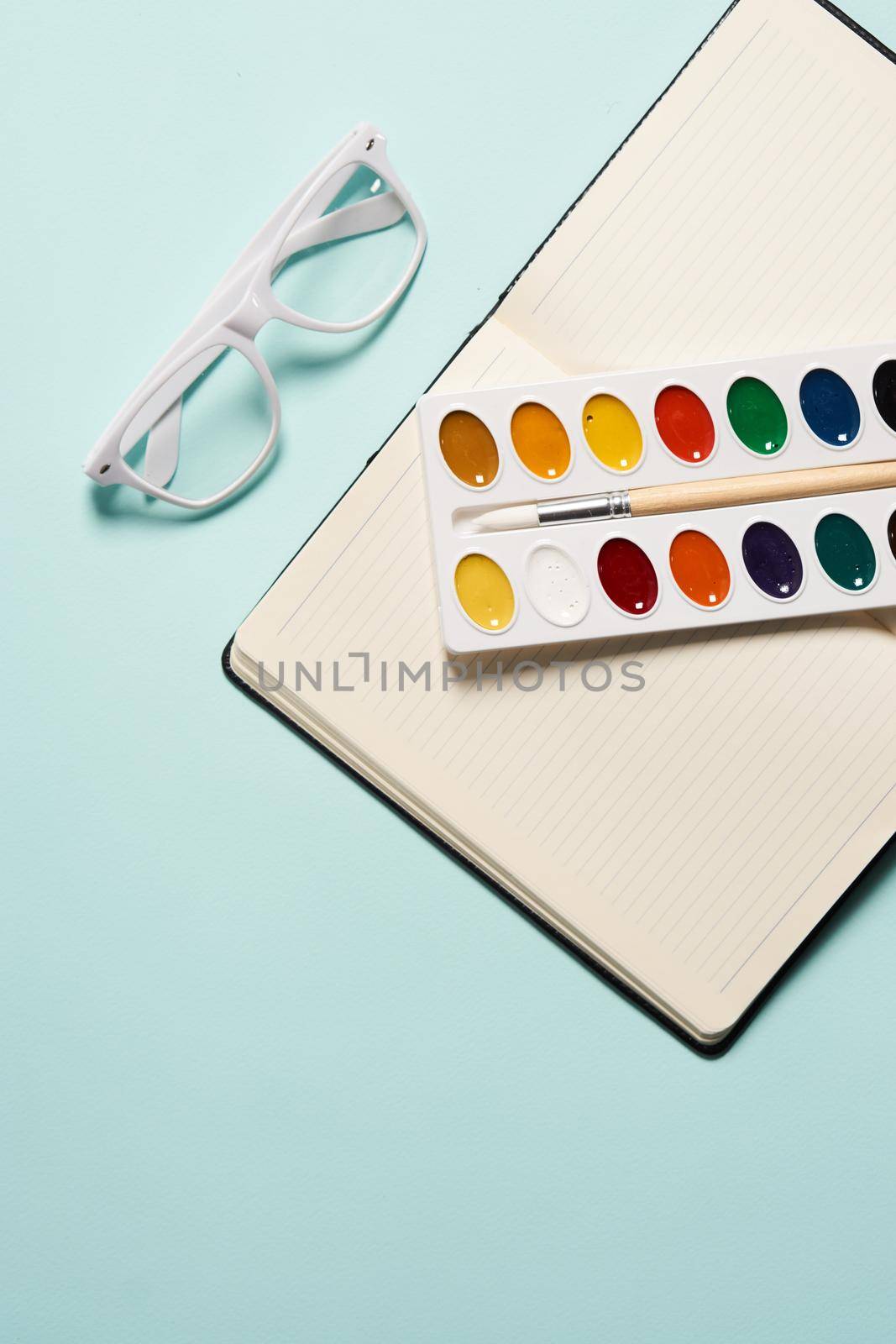 watercolor paint creative drawing object top view. High quality photo
