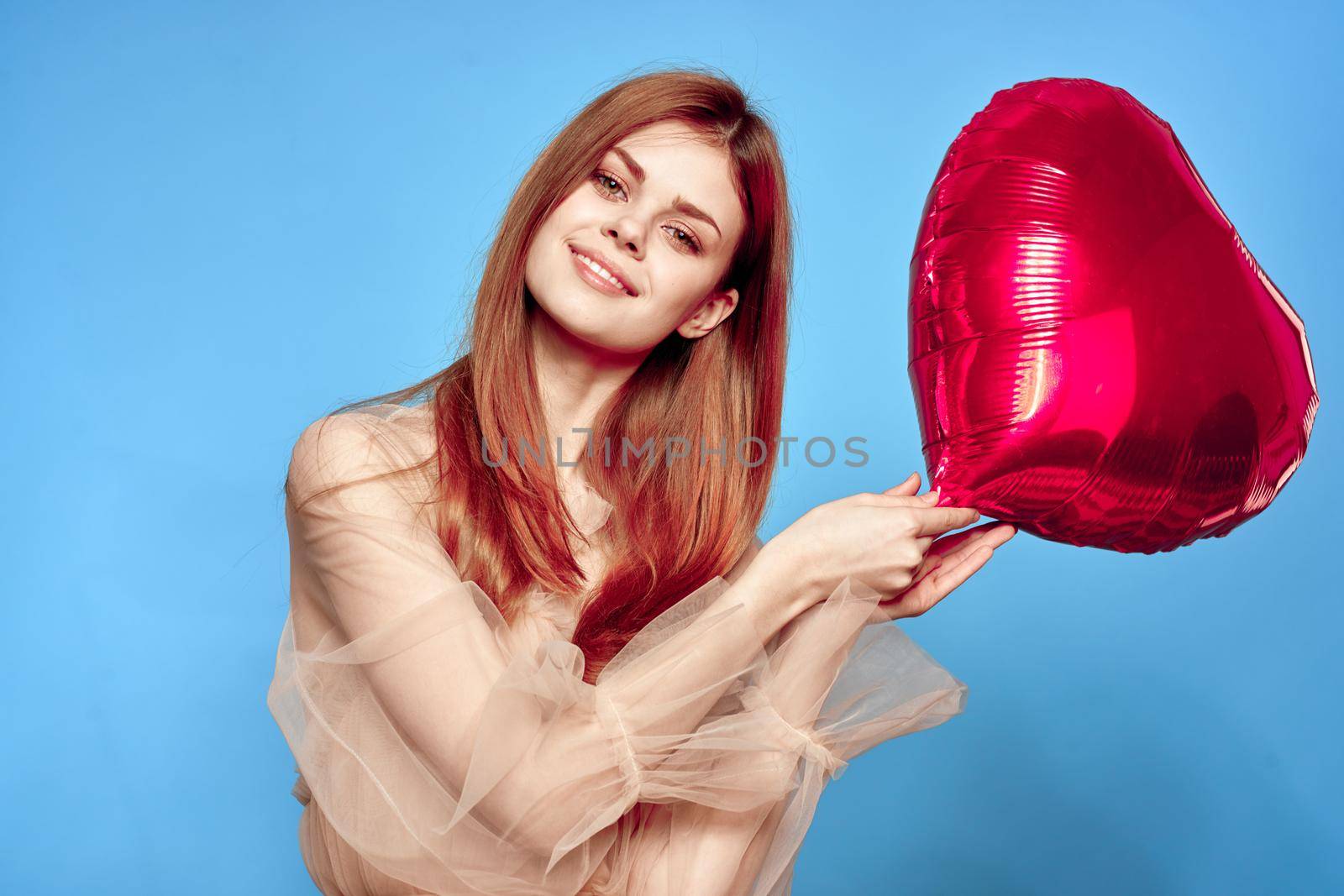 beautiful woman heart balloon holiday Valentine's Day isolated background by Vichizh