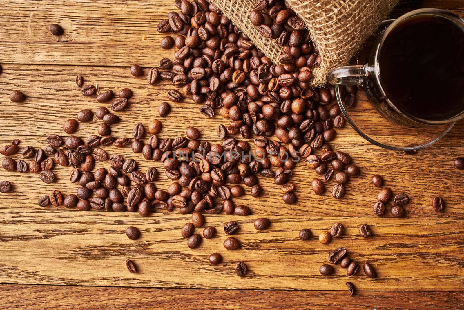 coffee beans freshly brewed beverage view from above by Vichizh