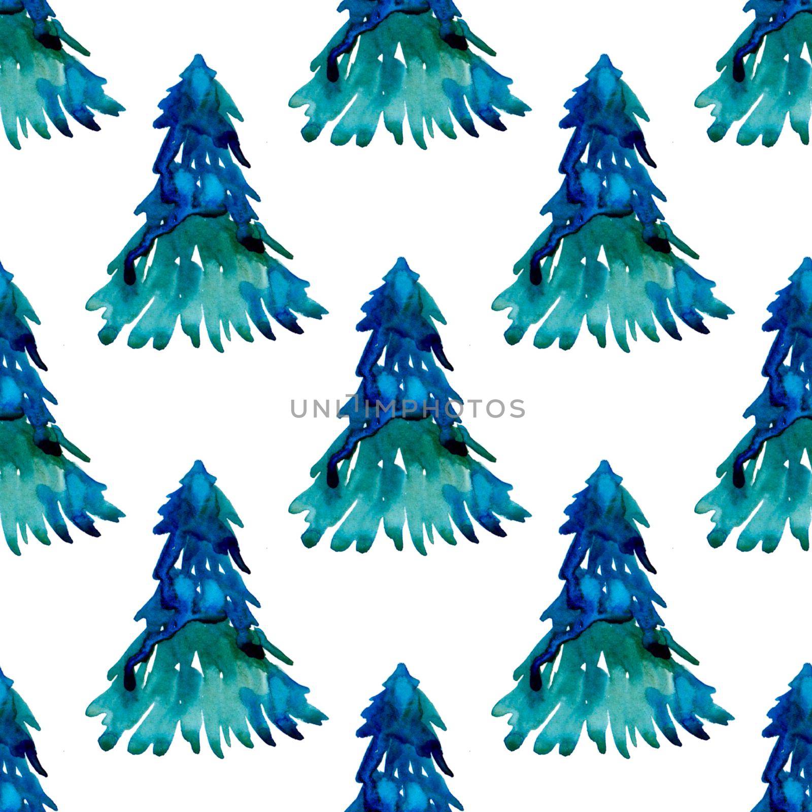 XMAS watercolor Pine Tree Seamless Pattern in Blue Color. Hand Painted fir tree background or wallpaper for Ornament, Wrapping or Christmas Gift.