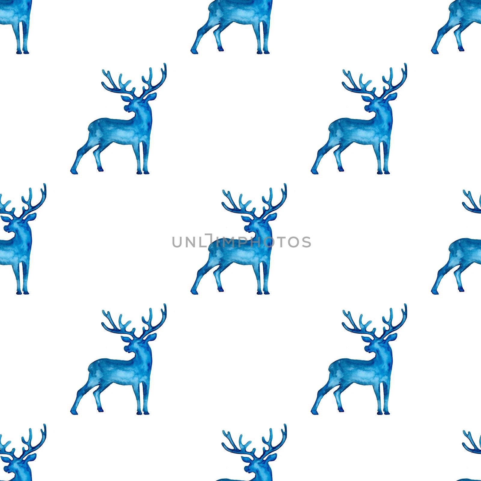 Reindeer XMAS watercolor Deer Stag eamless Pattern in Blue Color. Hand Painted Animal Moose background or wallpaper for Ornament, Wrapping or Christmas Gift.